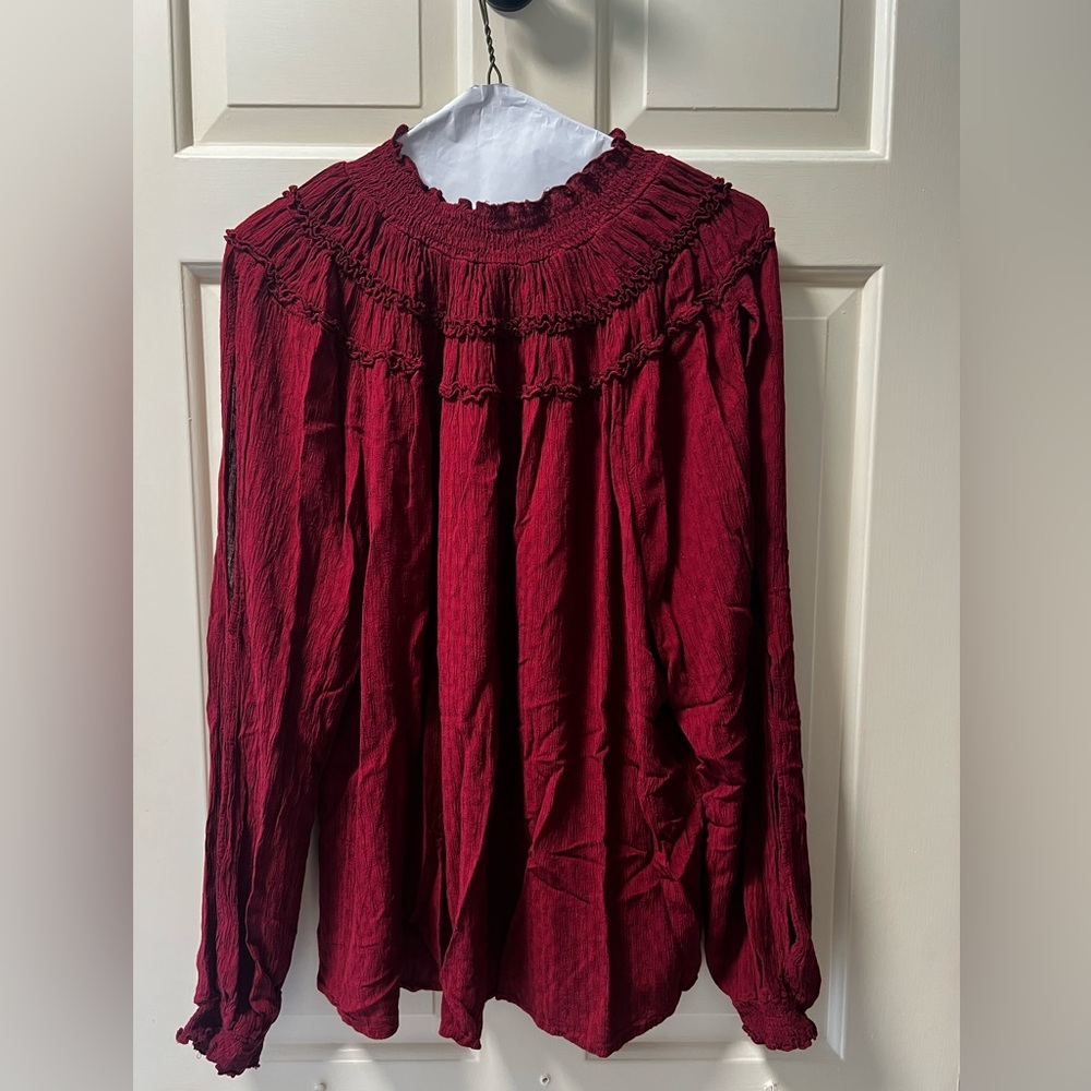 Maurices Red Smocked Ruffled Blouse with Bib Collar